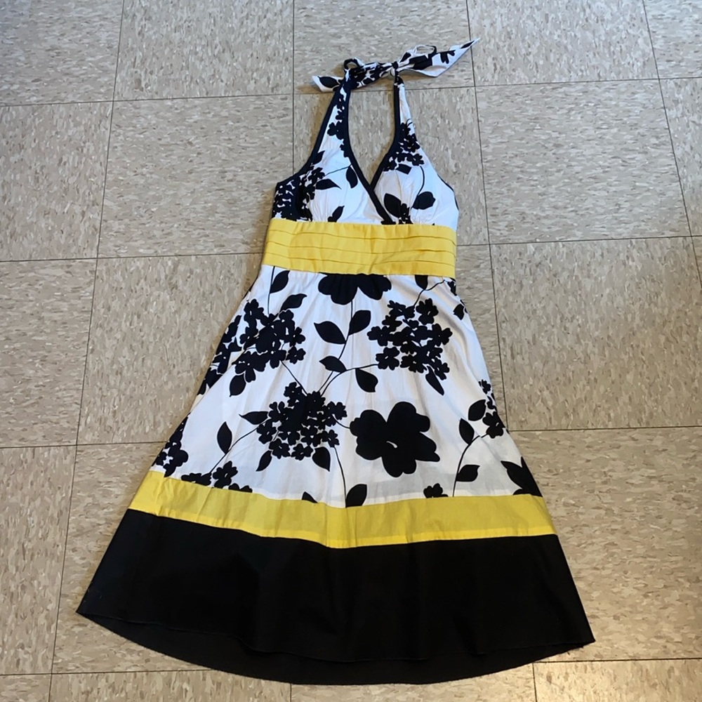NWT Trixxi Fit&Flare Halter Dress in White, Yellow and  Black w/Black Floral sz3